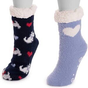 NWT! Muk Luks Womens 2 pk. Cabin Socks, Fleece Lined, Non-Skid, Navy, L/XL-8-10